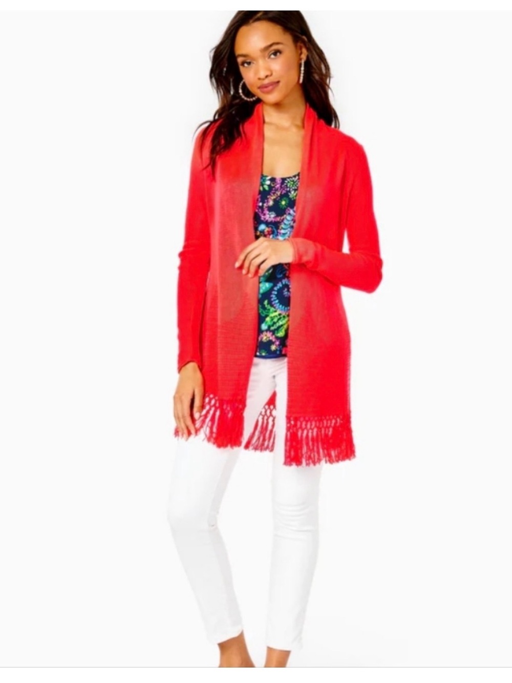 Lilly Pulitzer Tatum Women’s Sz L Open-Front Red Fringe Knit Cardigan Coastal